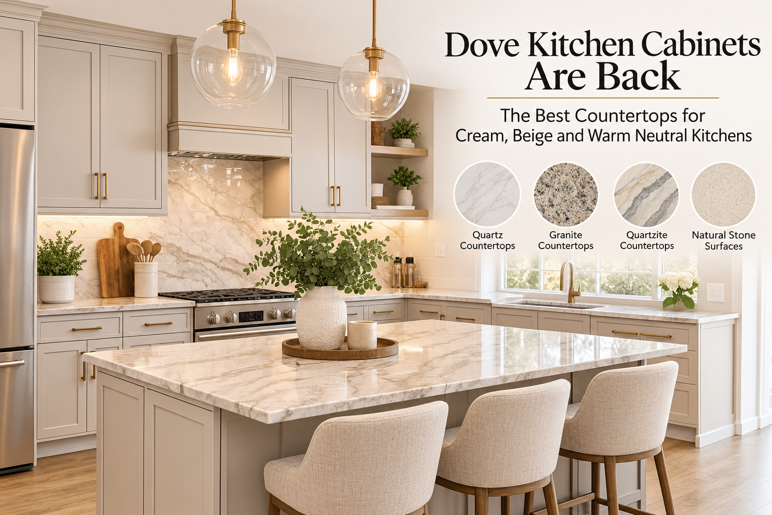 Dove Kitchen Cabinets Are Back: The Best Countertops for Cream, Beige and Warm Neutral Kitchens