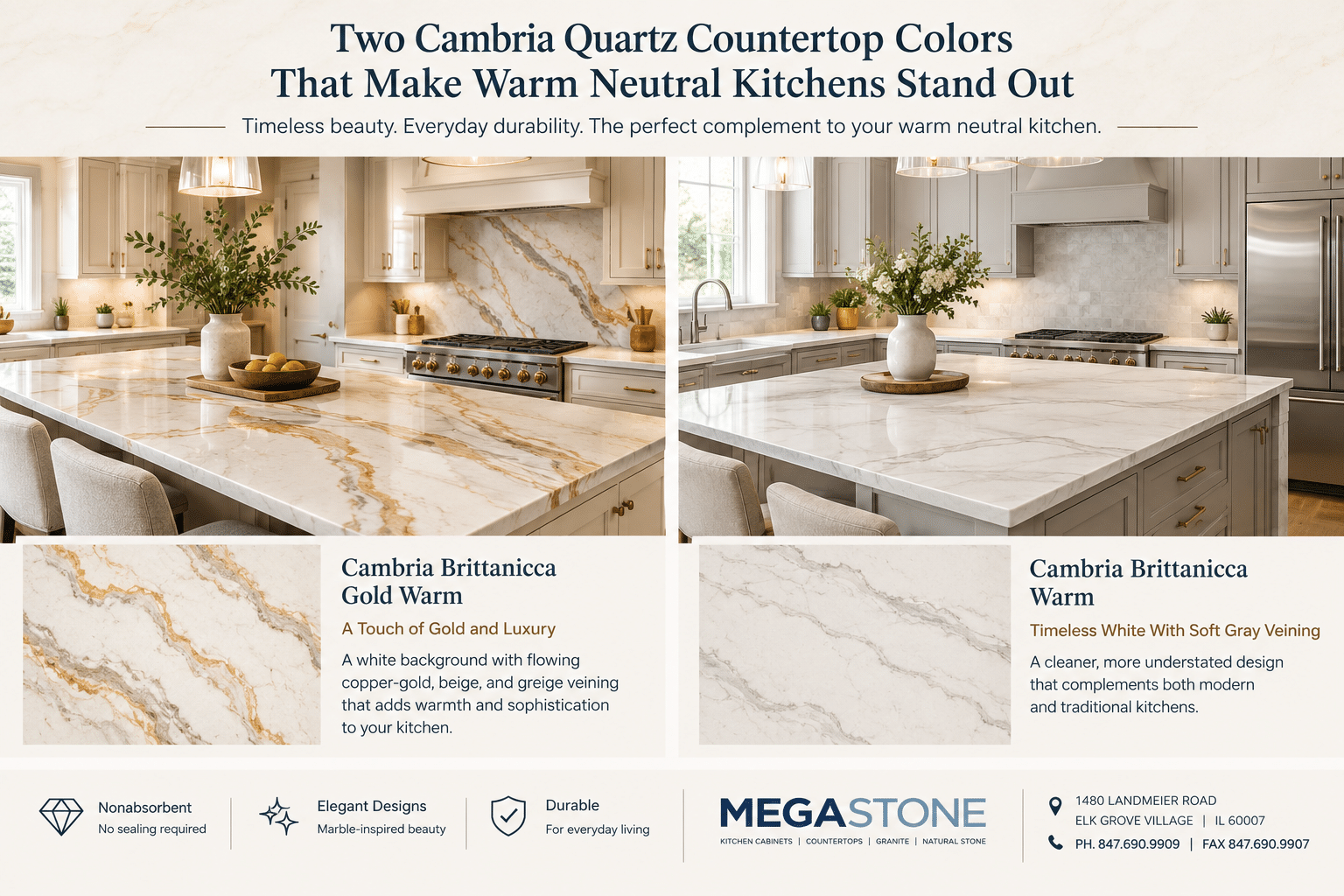 Two Cambria Quartz Countertop Colors That Make Warm Neutral Kitchens Stand Out